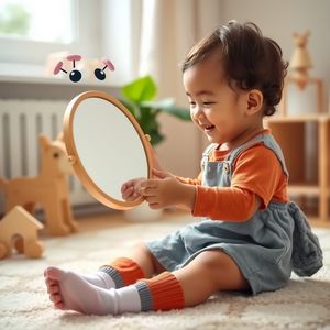 Maluch z lusterkiem — dziecko bada uśmiech