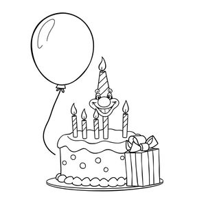 Kolorowanka: balon, tort, klaun, prezent