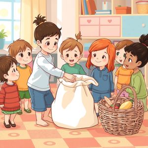 Ilustracja zabawy — dziecko z ręką w torbie