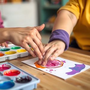 Dziecko odbijające stempel na medalu — pomoc dorosłego