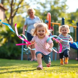 Zdjęcie akcji — dzieci biegną z wstążkami