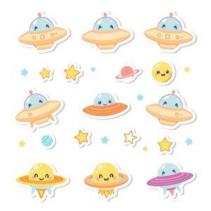 Arkusz naklejek / pieczątek — Małe UFO i gwiazdki