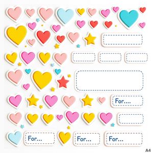 Arkusz naklejek i ozdób — papierowe serduszka i etykietki 'Dla...'