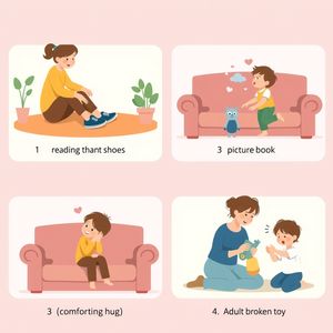 Karty scenkowe — pomocne zachowania (zakładanie butów, czytanie, przytulenie, naprawa zabawki)