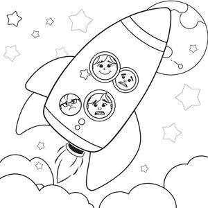 Kolorowanka: Rakieta z buźkami emocji