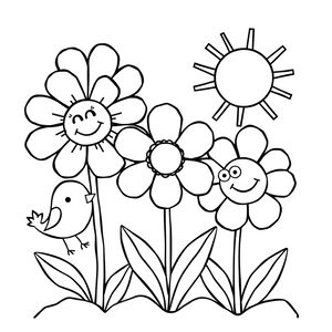 Kolorowanka — Kwiaty i wiosenne zwierzątka