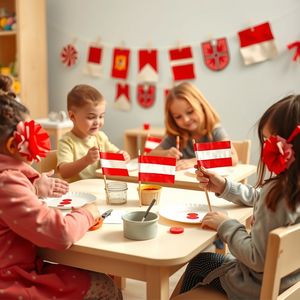 Scena warsztatowa: dzieci robią kotyliony i flagi