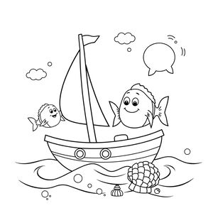 Kolorowanka: morze, statek, rybki i muszle