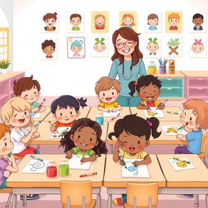 Ilustracja — Dzieci kolorują przy stolikach