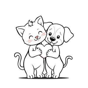 Kolorowanka: Kotek i piesek z serduszkiem