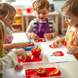 Dzieci robią odbitki z połówki papryki