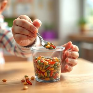 Liczenie nasionek — zbliżenie rączek i kubeczka