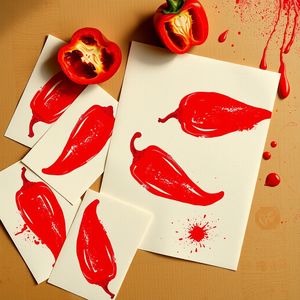 Odbitki papryk na kartce - płaski układ (flatlay)