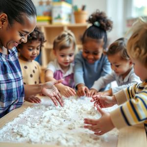 Dzieci bawiące się 'śniegiem' przy stoliku