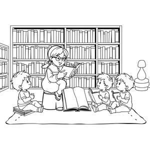 Kolorowanka: Bibliotekarz z dziećmi i książkami