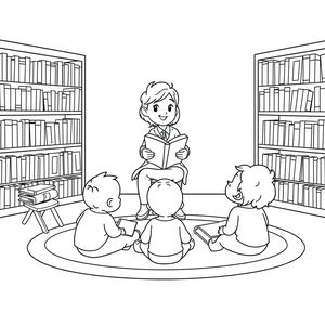 Kolorowanka: Bibliotekarz z dziećmi i książkami