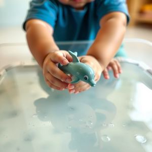 Zbliżenie: dłonie w wodzie z delfinem