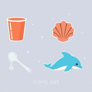 Ikony materiałów: kubeczki, gąbki, muszle
