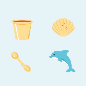 Ikony materiałów: kubeczki, gąbki, muszle