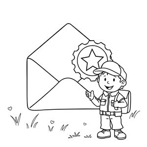 Strona kolorowanki: koperta, znaczek, listonosz