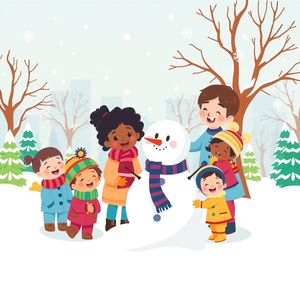 Obrazek scenka zimowa — Dzieci budują bałwana