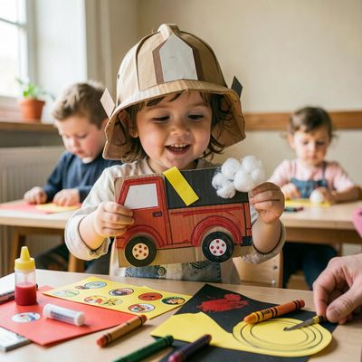 Dzień Strażaka — hełm i wóz strażacki (praca plastyczna)