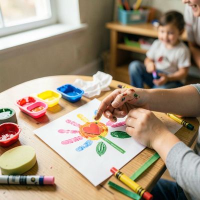 Laurka i kwiatek dla Mamy (odcisk dłoni + stempel gąbkowy)