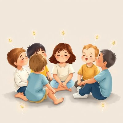 Ilustracja do ćwiczenia wyobraźni — dzieci zamknięte oczy