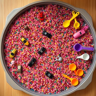 Skrzynia sensoryczna z kolorowym ryżem i autkami