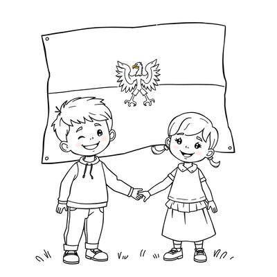 Kolorowanka: flaga i uśmiechnięte dzieci
