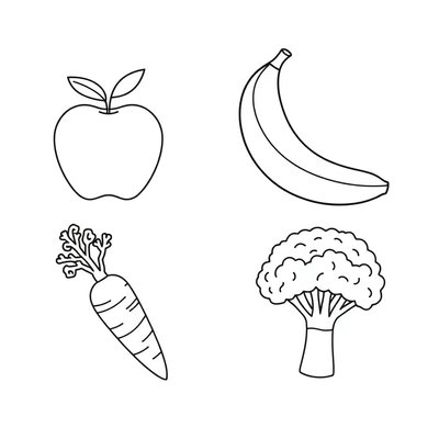Kolorowanka: jabłko, banan, marchewka, brokuł