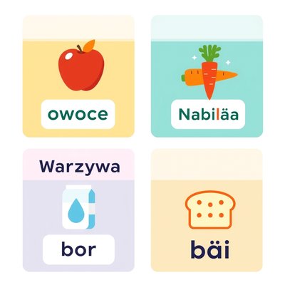 Karty kategorii do sortowania (Owoce / Warzywa / Nabiał / Zboża)