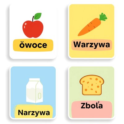 Karty kategorii do sortowania (Owoce / Warzywa / Nabiał / Zboża)