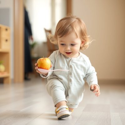 Ilustracja do ćwiczenia równowagi — dziecko z produktem na łyżce