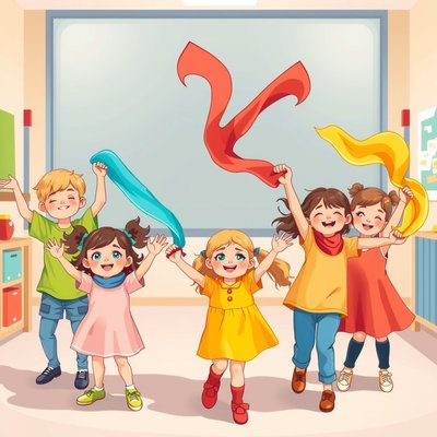 Plakat 'Sałatkowy Taniec' — dzieci tańczą z chusteczkami