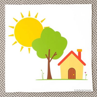 Zestaw elementów puzzli — słoneczko, drzewo, domek