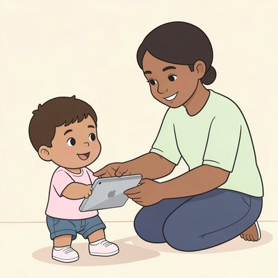 Ilustracja: dziecko pyta opiekuna o ekran