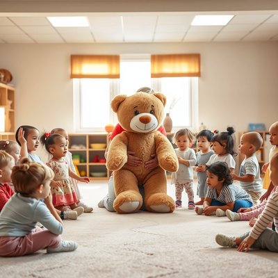 Zdjęcie inscenizacyjne: Dzieci i pluszowy miś