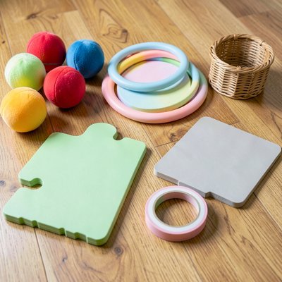 Zdjęcie stylizowane: rekwizyty na zajęcia — piłeczki, maty, obręcze