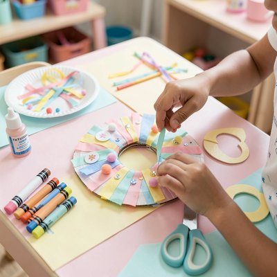 Ilustracja wprowadzająca — stół z materiałami i papierowy pączek