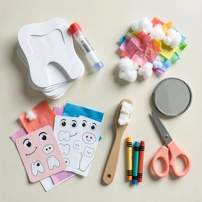 Zdjęcie materiałów — zestaw do pracy plastycznej (flat lay)