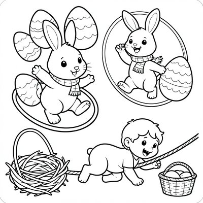 Kolorowanka: Zajączek i zabawy wielkanocne
