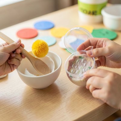 Zdjęcie: Zbliżenie rączek dziecka podczas przenoszenia pompona i otwierania jajeczka