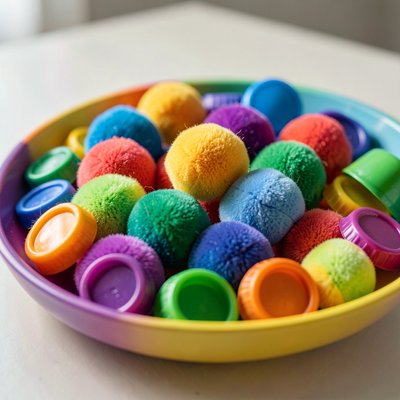 Materiały sensoryczne: pompony i nakrętki
