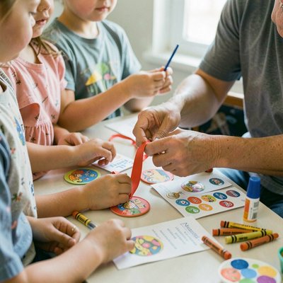 Zdjęcie podczas zajęć — dzieci tworzą medale i laurki