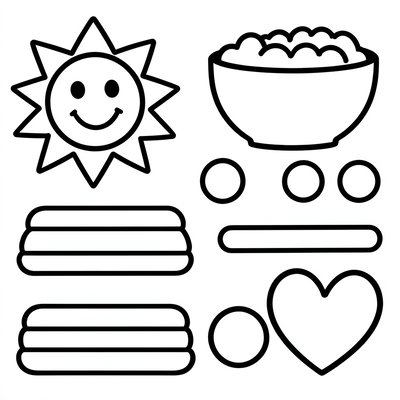 Szablony prostych kształtów (słońce, miseczka, paski)