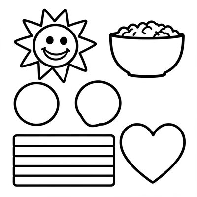 Szablony prostych kształtów (słońce, miseczka, paski)