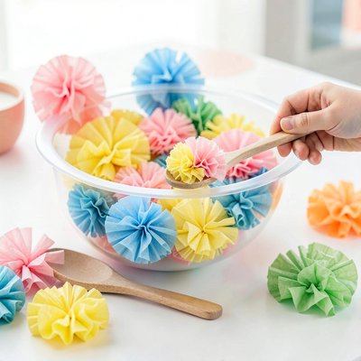 Kolorowe płatki i pompony — stacja przesypywania