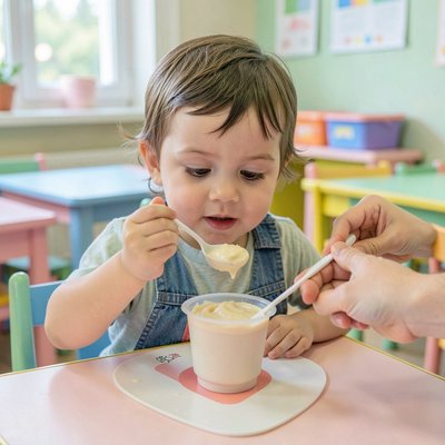 Maluch eksploruje budyń — moment z zajęć