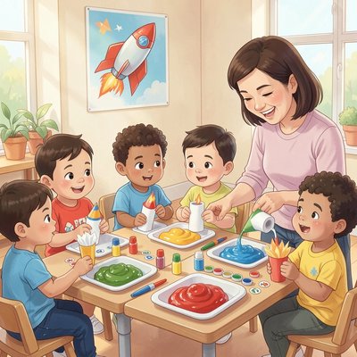 Scena z zajęć: dzieci robią rakiety przy stolikach